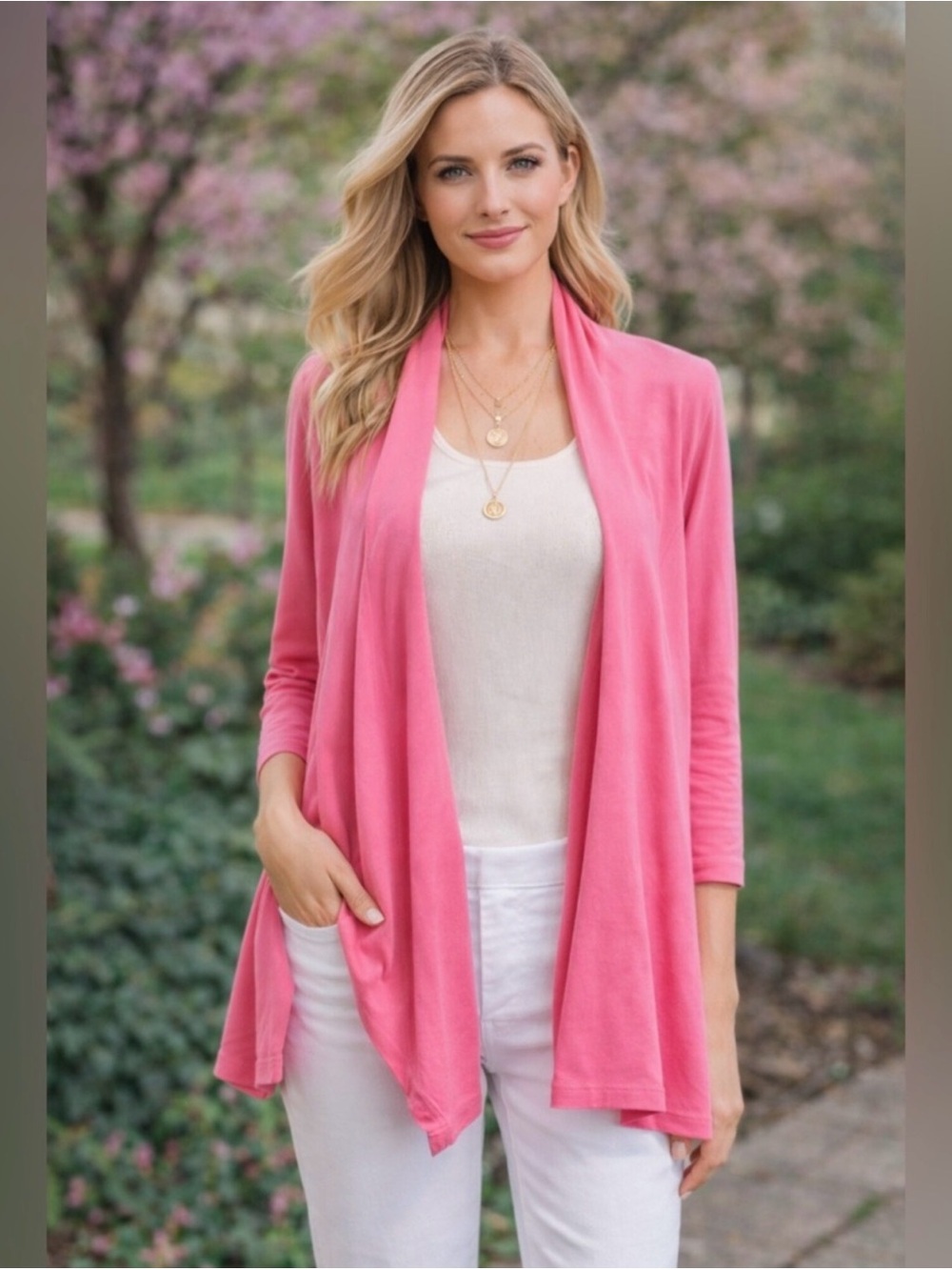 Lilly Pulitzer Open-Front Pink Draped Cotton Cardigan Sweater